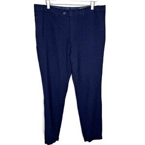 H&M Men's Navy Blue Linen-Wool Blend Flat-Front Trousers, Size 38